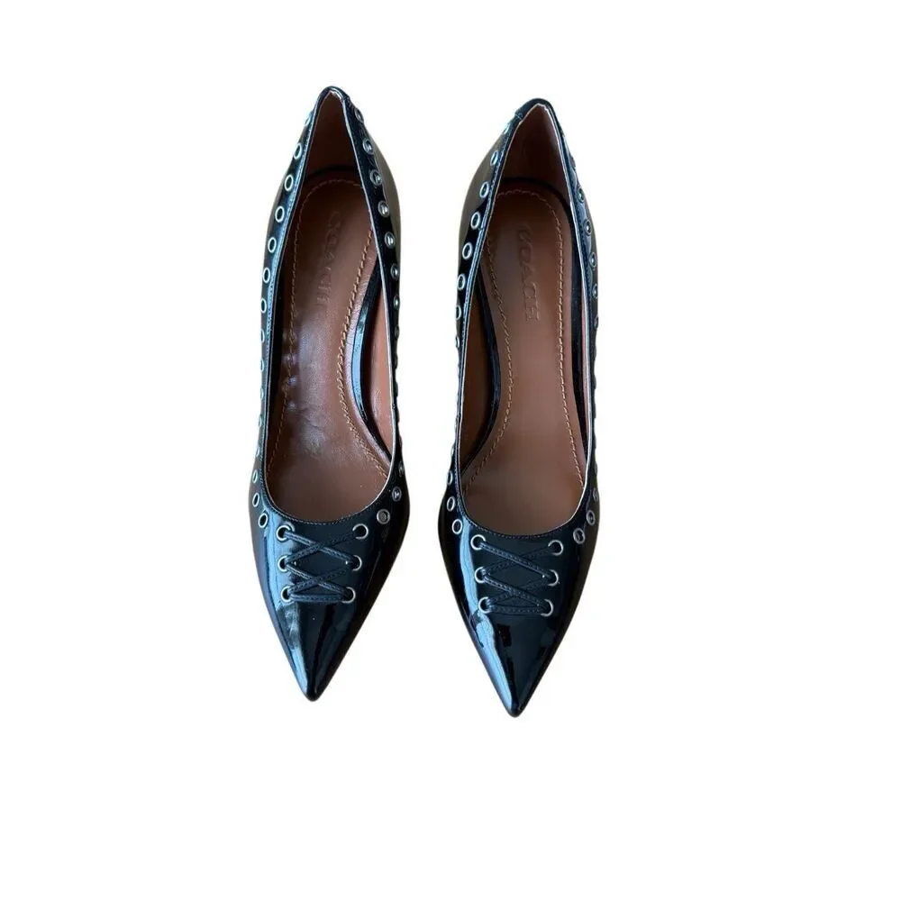 Coach Womens Black Patent Leather Grommet Eyelet Varick Pumps Size 10